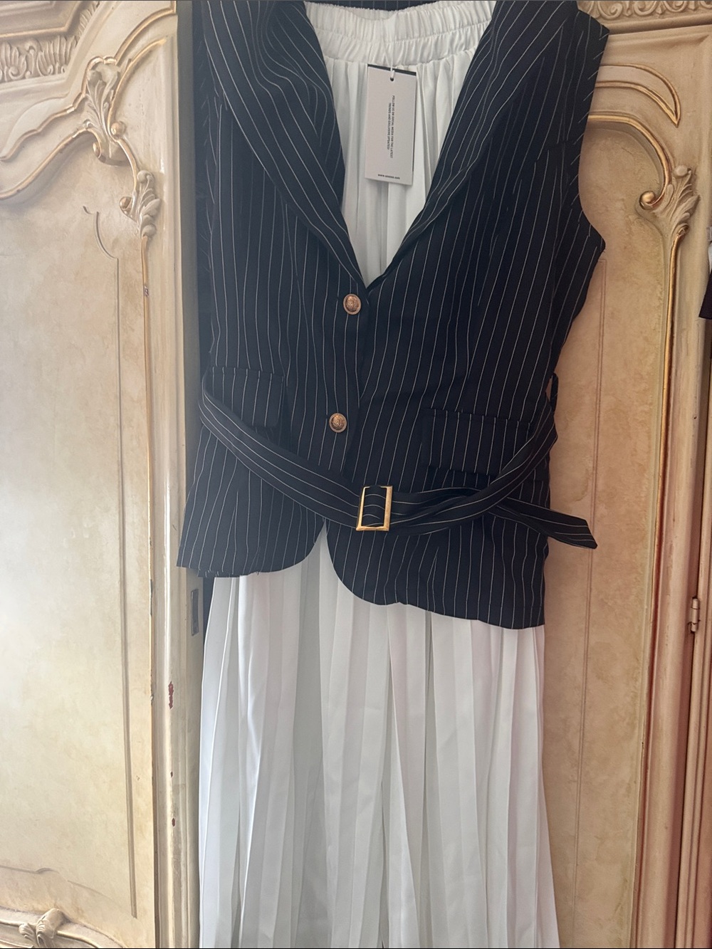 Pinstripe Black & White Sleeveless vest/with palazzo white pants